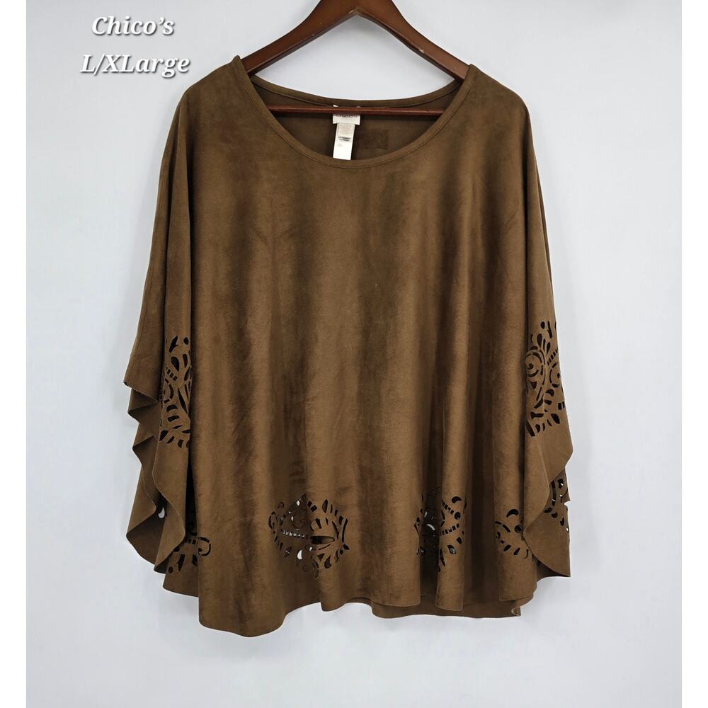 Chico’s L/XL Faux Suede Esme Poncho Top Brown Laser Cut Boho Earthy Draped Cape